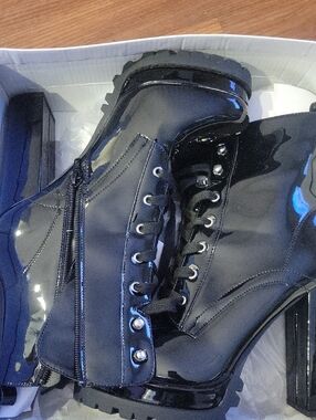 Patent Black Lace-Up Ankle Boots with Lug Sole